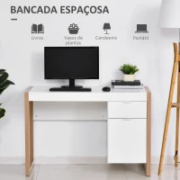 HOMCOM Mesa de Computador com Gaveta Armário Pés em Forma Retangular112,5x50x75,5 cm Branco e Madeira(m-4)