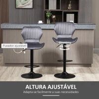 HOMCOM Conjunto de 2 Bancos Bar Giratórios e Ajustáveis em Altura Banco Alto Veludo com Encosto 47x51.5x94-114cm Cinza(m-5)