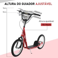 HOMCOM Trotinete com Guiador Ajustável 2 Pneus de Borracha Insufláveis com Travagem Dupla e Rodas 16" 139x58x90-96 cm Vermelho(m-4)