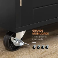 HOMCOM Ilha de Cozinha com Armário Portas e Prateleira Interior Ajustável Gaveta Barra e Suporte para Temperos Móvel Aparador Auxiliar com Rodas para Sala de Jantar 109x40x89cm Preto(m-5)