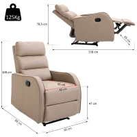 HOMCOM Poltrona Relax com reclinação manual até 160 ° com apoio para os pés retrátil Esponja de densidade estofada em PU 65x89x100cm(m-3)