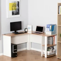 HOMCOM Secretária de Canto Mesa de Computador para Escritório Casa em Forma de L com Prateleiras 136x130x72 cm Branco e Madeira(m-7)