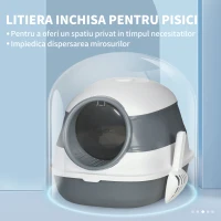 PawHut Litier pentru pisici 5 kg max cu paleta si deodorant incluse, design si maner pliabil, PP si ABS, 52x41x38 cm, alb si gri(m-6)