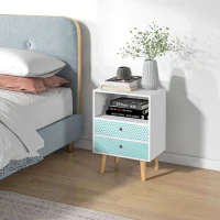 HOMCOM Mesa de Cabeceira com 2 Gavetas e Prateleira Aberta Mesa de Cabeceira Multiuso 45x30x65 cm Branco e Azul(m-2)