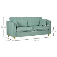 HOMCOM Canapea 3 Locuri din Tesatura, Canapea Capionata Stil Vintage cu Perne si Picioare din Lemn, 144x77x81cm, Verde(m-3)