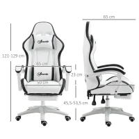 Vinsetto Cadeira Gaming de Couro PU com Altura Ajustável Reclinável 135° e Apoio para os Pés Retrátil 65x65x121-129 cm Branco e Preto(m-3)