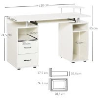 HOMCOM Mesa de Computador com Prateleiras 2 Gavetas Bandeja de Teclado e Suporte para Monitor e CPU 120x55x85 cm Branco(m-3)