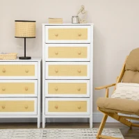 HOMCOM Cómoda Estilo Bohemio com 5 Gavetas de Tecido Dobráveis Superfície de Vime PE e Estrutura de Aço 62x30x126,5 cm Branco(m-7)