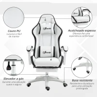 Vinsetto Cadeira Gaming de Couro PU com Altura Ajustável Reclinável 135° e Apoio para os Pés Retrátil 65x65x121-129 cm Branco e Preto(m-7)