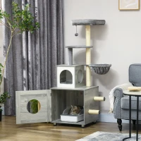 PawHut Enclosed Cat Litter Box with Cat House, Cat Bed, Scratching Posts, Platforms, for Indoor Cats - Grey(m-2)