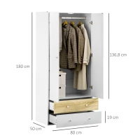 HOMCOM Roupeiro de Madeira Armário para Roupas com 2 Portas 2 Gavetas e 1 Barra para Pendurar 80x50x180 cm Branco e Carvalho(m-3)