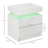 Noptiera alba HOMCOM cu lumina LED RGB, noptiera frontala lucioasa cu 2 sertare, pentru camera de zi, dormitor(m-3)