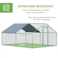 PawHut Galinheiro de Exterior Grande de Metal Galvanizado 3x4x1,95 m com Porta e Cobertura de Tecido de Oxford Prata(m-6)