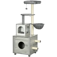 PawHut Enclosed Cat Litter Box with Cat House, Cat Bed, Scratching Posts, Platforms, for Indoor Cats - Grey(m-11)