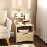 HOMCOM Noptiera moderna, Noptiera cu sertar si rafturi de depozitare, masuta pentru sufragerie, dormitor, natural(m-2)