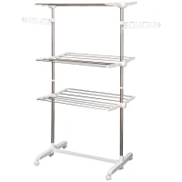 HOMCOM Estendal para Roupa Dobrável 80x55x152cm com 6 Rodas e 3 Prateleiras com Altura Ajustável de Aço Inoxidável Prateado(m-1)