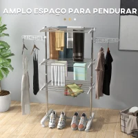 HOMCOM Estendal para Roupa Dobrável 80x55x152cm com 6 Rodas e 3 Prateleiras com Altura Ajustável de Aço Inoxidável Prateado(m-5)