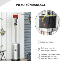Outsunny Heizstrahler Terrassenheizer mit Anti-Kipp-Schalter automatischer Sicherheitsabschaltung Terrassenstrahler mit Rädern rollbar Gas 13,5kW Rostfreier Stahl Silber Ø81,5 x 225 cm(m-6)