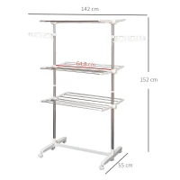 HOMCOM Estendal para Roupa Dobrável 80x55x152cm com 6 Rodas e 3 Prateleiras com Altura Ajustável de Aço Inoxidável Prateado(m-3)