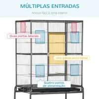 PawHut Gaiola para Pássaros com Rodas 81x48x162,5 cm com Bandeja 4 Poleiros 4 Comedouros e Prateleira Preto e Cinza(m-5)