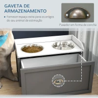 PawHut Comedouro Elevado para Cães com 2 Tigelas 2000ml de Aço Inoxidável Gaveta Oculta com Suporte de Madeira 60x30x36cm Cinza(m-5)
