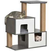 PawHut Árbol para Gatos de Madera Altura 93 cm con 2 Cuevas Cojines Extraíbles Plataformas Postes Rascadores de Yute Natural y Múltiples Entradas para Descansar 77x39x93 cm Gris(m-1)