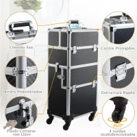 HOMCOM Maleta de Maquillaje Profesional Maletín de Comésticos Desmontable con Ruedas Universales Bandejas Desplegables con Cerradura Fácil de Transportar 36x24x79-107cm Negro(m-4)