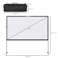 HOMCOM Pantalla de Proyector con Soporte 80 Pulgadas HD Pantalla 16:9 con Bolsa de Transporte 187x50x167,5 cm Blanco(m-3)