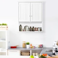 kleankin Armario Baño de Pared con 2 Puertas Estante Interior Ajustable y Compartimento Abierto Mueble Auxiliar Suspendido Multiusos para Cocina 60x20x70,5 cm Blanco(m-9)