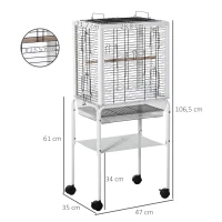 PawHut Jaula para Pájaros con Soporte Desmontable Pajarera con 4 Ruedas Techo Abrible 2 Comederos 2 Perchas y Bandeja para Loros Canarios Periquitos 47x35x106,5 cm Blanco(m-3)