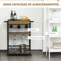 HOMCOM Carro de Cocina Carrito de Servicio Móvil Multiusos con 3 Estantes Bandeja Botellero Soporte Copas y barra para Comedor 77x44,5x91 cm Madera Rústica(m-4)
