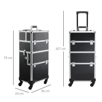 HOMCOM Maleta de Maquillaje Profesional Maletín de Comésticos Desmontable con Ruedas Universales Bandejas Desplegables con Cerradura Fácil de Transportar 36x24x79-107cm Negro(m-3)