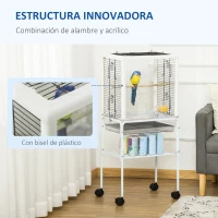 PawHut Jaula para Pájaros con Soporte Desmontable Jaula de Aves Canarios con 4 Ruedas Techo Abrible 2 Comederos 2 Perchas Bandeja Extraíble y Rejillas 47x35x106,5 cm Blanco(m-7)
