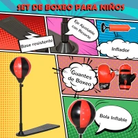 HOMCOM Saco de Boxeo para Niños +3 Años Altura Ajustable con Guantes e Inflador Soporte de Metal Base Tipo Pedal 68x18,5x86-125 cm Rojo y Negro(m-5)