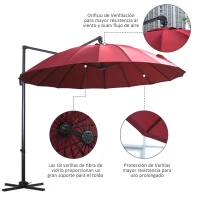 Outsunny Parasol Sombrilla de Jardín Ø300 cm de Diámetro con Manivela y Poste Giratorio 360° Techo Inclinable en 6 Posiciones Base Cruzada Incluida Rojo(m-6)