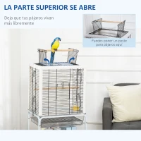 PawHut Jaula para Pájaros con Soporte Desmontable Pajarera con 4 Ruedas Techo Abrible 2 Comederos 2 Perchas y Bandeja para Loros Canarios Periquitos 47x35x106,5 cm Blanco(m-7)