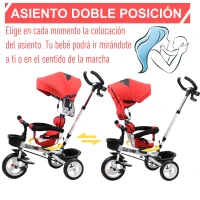 HOMCOM Triciclo para Bebés Plegable Triciclo Evolutivo 2 en 1 para Niños +18 Meses con Toldo Plegable Mango de Empuje Telescópico Reposapiés Cinturón de Seguridad y Cestas Rojo(m-5)