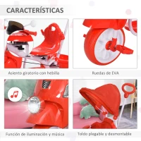 HOMCOM Triciclo Evolutivo Infantil 3 en 1 para Niños +18 Meses con Función de Luz y Música Barra de Seguridad y Toldo Retráctil Asiento Giratorio 360° 93x51x94 cm Rojo(m-8)