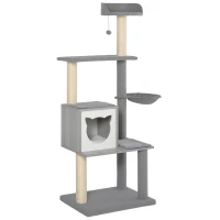 PawHut Árbol Rascador para Gatos Grande 61x49x160,5 cm Madera Torre de Escalada de Múltiples Niveles con Cueva Espaciosa Hamaca Suave Postes Juguete Colgante Cubierto de Felpa Gris(m-1)