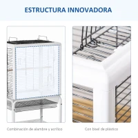PawHut Jaula para Pájaros con Soporte Desmontable Pajarera con 4 Ruedas Techo Abrible 2 Comederos 2 Perchas y Bandeja para Loros Canarios Periquitos 47x35x106,5 cm Blanco(m-6)