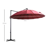 Outsunny Parasol Sombrilla de Jardín Ø300 cm de Diámetro con Manivela y Poste Giratorio 360° Techo Inclinable en 6 Posiciones Base Cruzada Incluida Rojo(m-3)