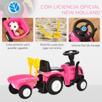 HOMCOM Tractor sin Pedales para Niños de 12-36 Meses con Remolque Extraíble Coche Correpasillos con Bocina Faros Pala Asiento de Suelo 25 cm y Rastrillo Carga 25 kg 91x29x44 cm Rosa(m-5)