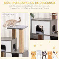 PawHut Árbol para Gatos de Madera Altura 93 cm con 2 Cuevas Cojines Extraíbles Plataformas Postes Rascadores de Yute Natural y Múltiples Entradas para Descansar 77x39x93 cm Gris(m-6)