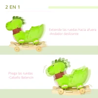 HOMCOM 2 en 1 Caballito Balancín Bebé +18 Meses Balancín Peluche Madera con Ruedas para Rodar Sonido Cinturón de Seguridad Mecedora Balancín 60x32x52cm(m-4)