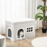 PawHut Casa Plegable para Gatos Interior Cueva para Gatos con Cojines de Felpa Suave Tapa Extraíble 2 Entradas y Ventana 71x42x49 cm Gris(m-2)