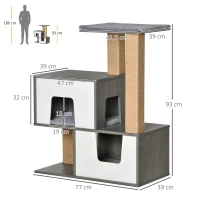 PawHut Árbol para Gatos de Madera Altura 93 cm con 2 Cuevas Cojines Extraíbles Plataformas Postes Rascadores de Yute Natural y Múltiples Entradas para Descansar 77x39x93 cm Gris(m-3)