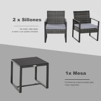 Outsunny Conjunto de Mesa y Sillas de Jardín para Exterior Incluye 2 Sillones y 1 Mesa de Centro de Vidrio Gris(m-5)