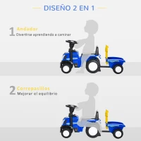 HOMCOM Tractor sin Pedales para Niños de 12-36 Meses con Remolque Extraíble Coche Correpasillos con Bocina Faros Pala Asiento de Suelo 25 cm y Rastrillo Carga 25 kg 91x29x44 cm Azul(m-4)