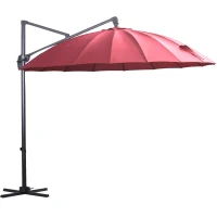 Outsunny Parasol Sombrilla de Jardín Ø300 cm de Diámetro con Manivela y Poste Giratorio 360° Techo Inclinable en 6 Posiciones Base Cruzada Incluida Rojo(m-1)