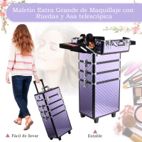 HOMCOM Maletín de Maquillaje Profesional con Ruedas Universales Distintos Niveles Asa Extensible Maletín Maquillaje Trolley Aleación de Aluminio 33.5x23x76/95.5 cm Violeta(m-4)